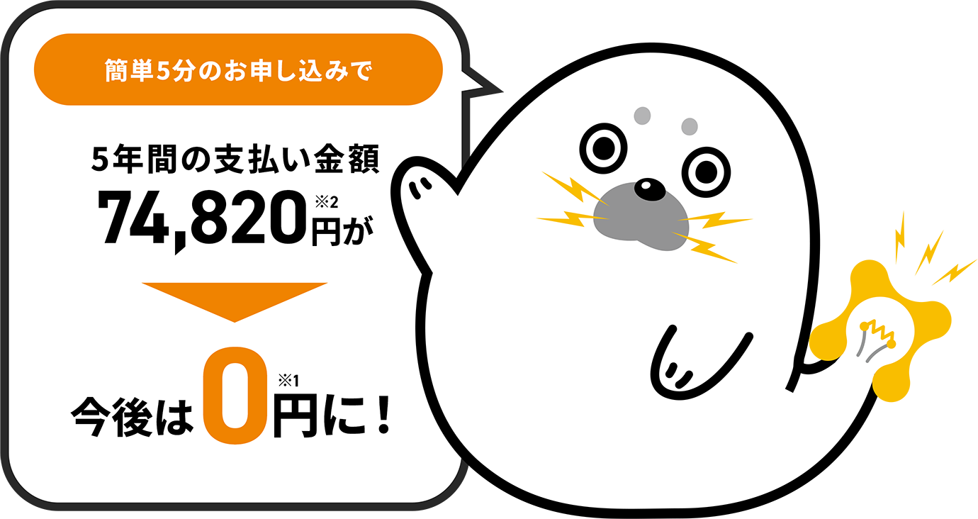 簡単5分のお申し込みで 5年間の支払い金額 74,820円※2が 今後は0円※1に!